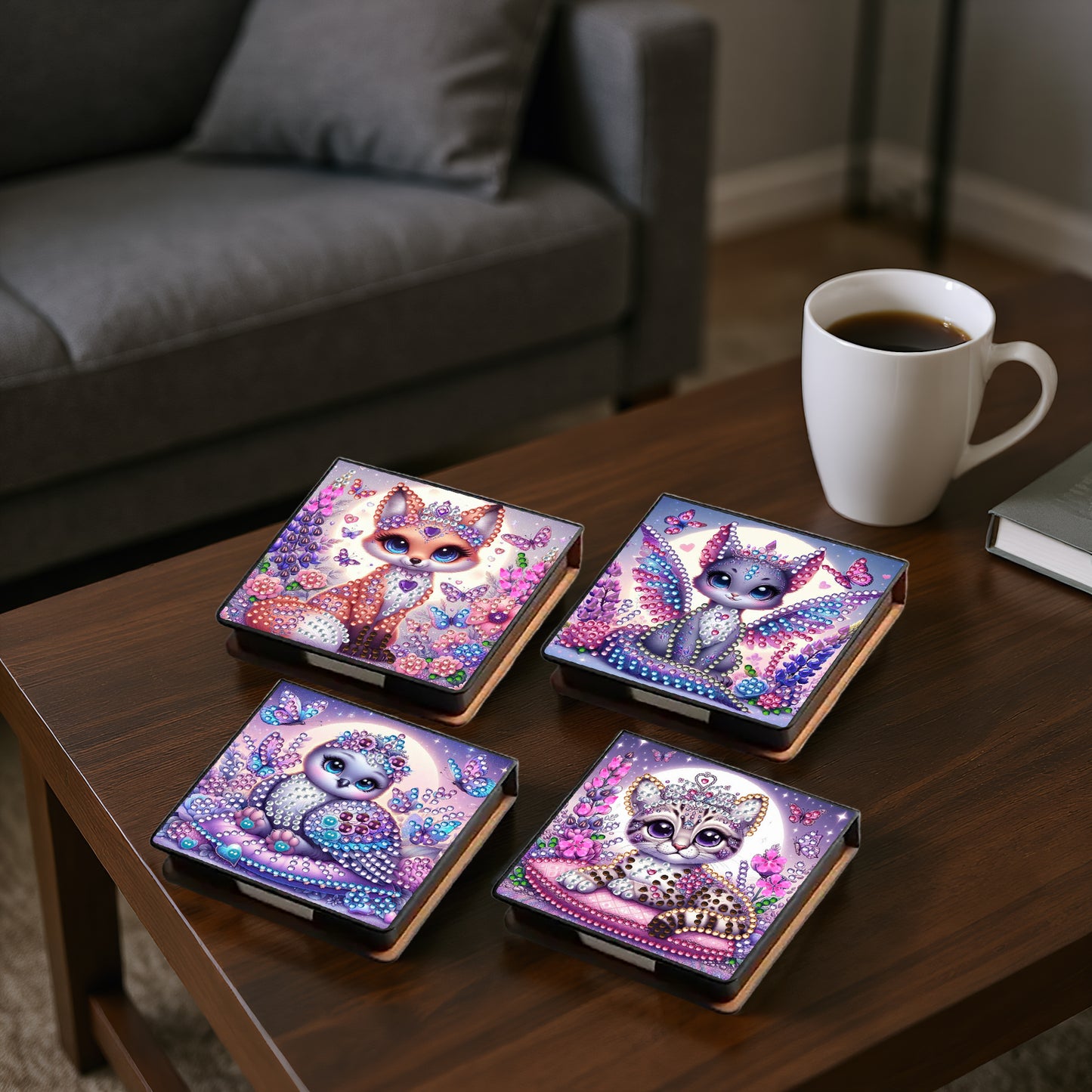 Purple Animals PU DIY 5D Diamond Painting Note Box 640 Blank Notepads for Office