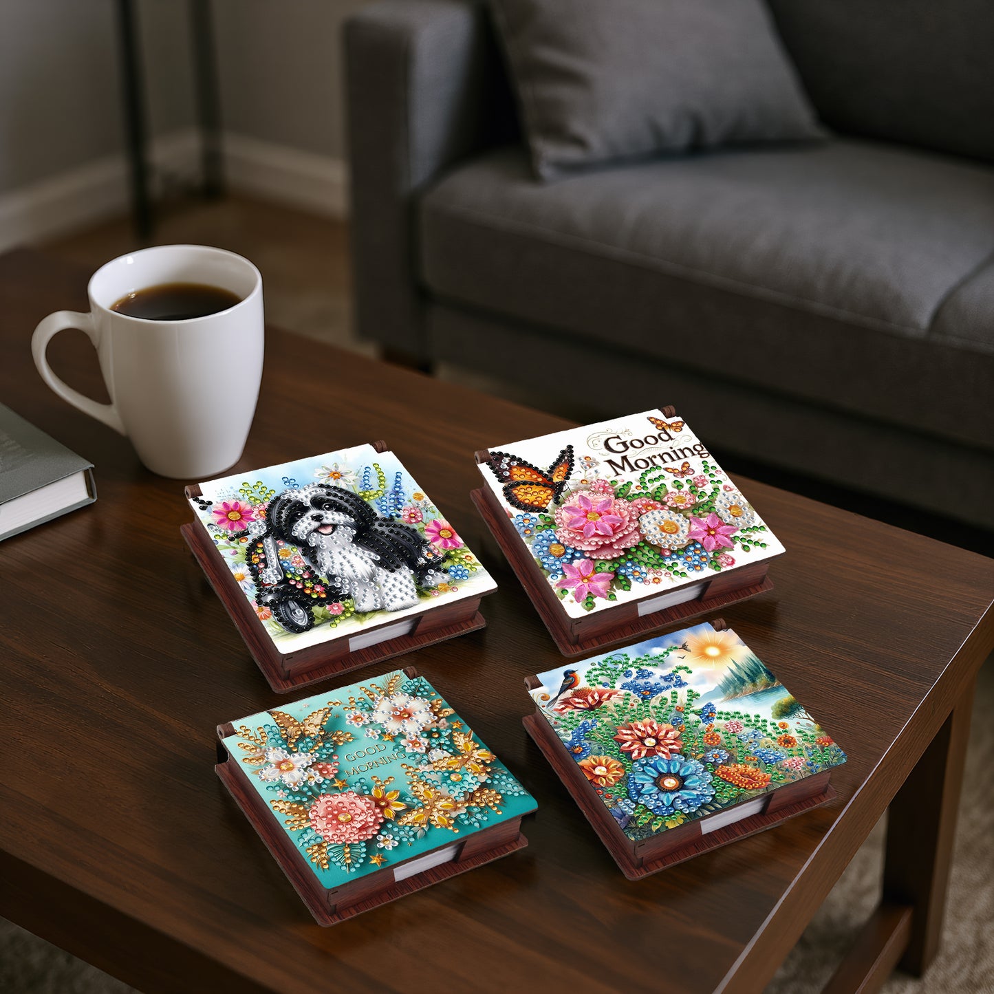 Butterflies and Flowers Wooden DIY 5D Diamond Painting Note Box for Office Home