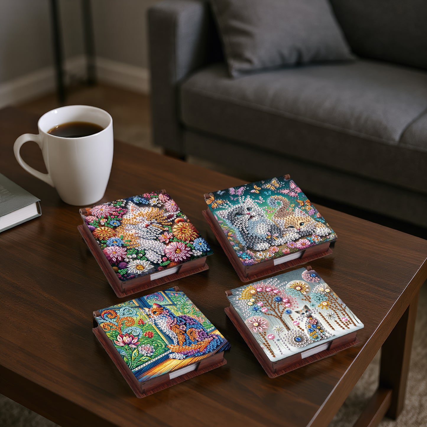 Kitty Wooden DIY 5D Diamond Painting Note Box 640 Notepads Office Home