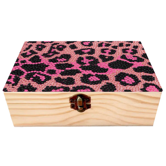 Pink Leopard Print DIY Wooden 5D Diamond Art Diamond Art Storage Box for Adults
