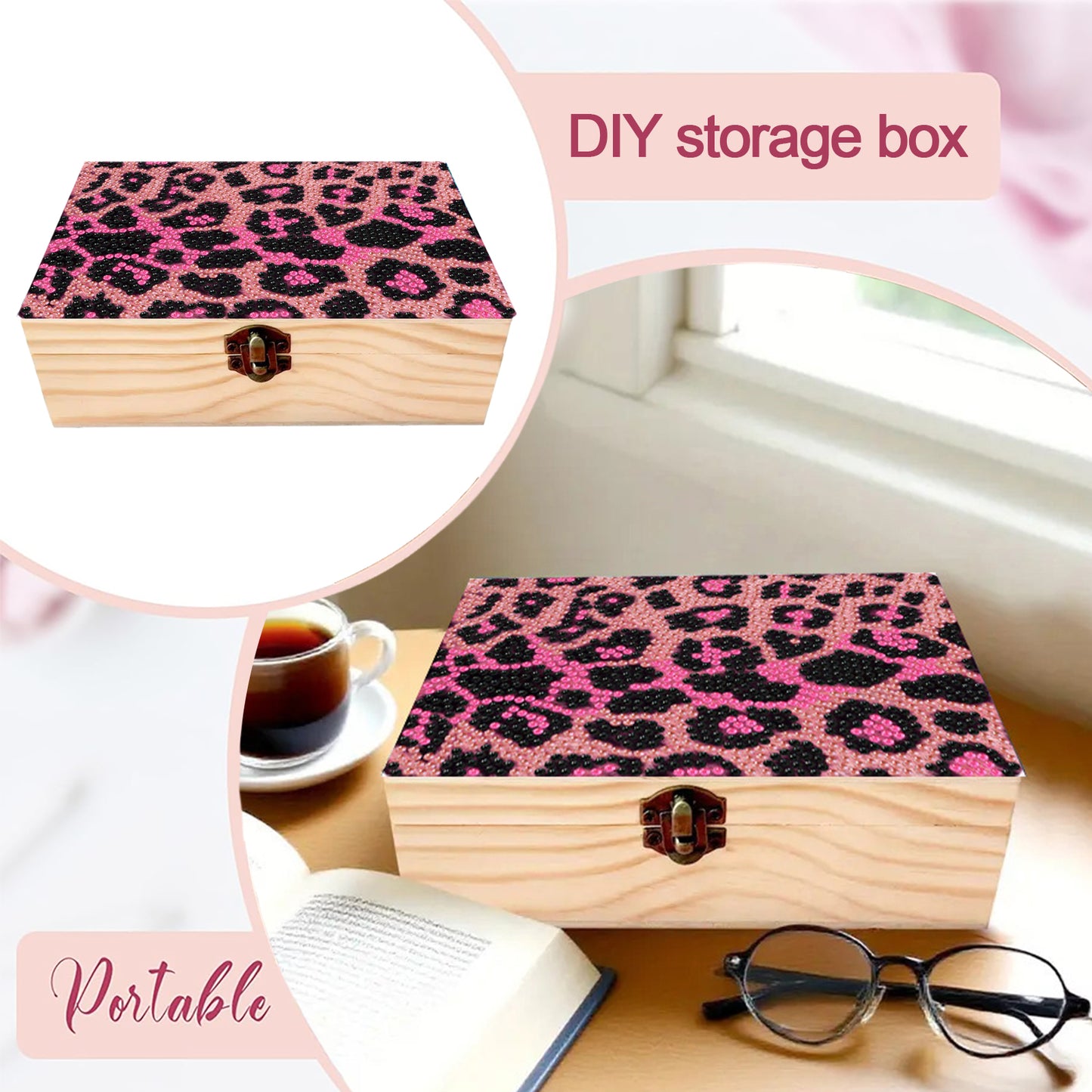 Pink Leopard Print DIY Wooden 5D Diamond Art Diamond Art Storage Box for Adults