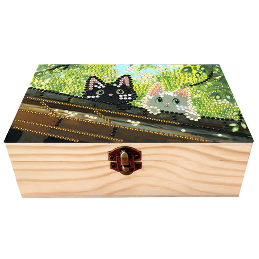 Black and White Cat DIY Wooden 5D Diamond Art Diamond Art Storage Box for Adults