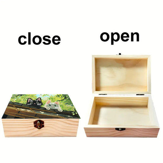 Black and White Cat DIY Wooden 5D Diamond Art Diamond Art Storage Box for Adults