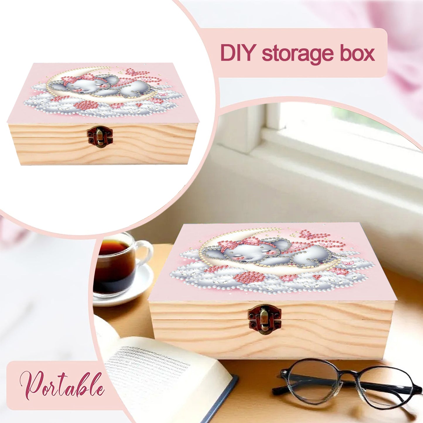 Moon Elephant DIY Wooden 5D Diamond Art Diamond Art Storage Box for Adults Gifts