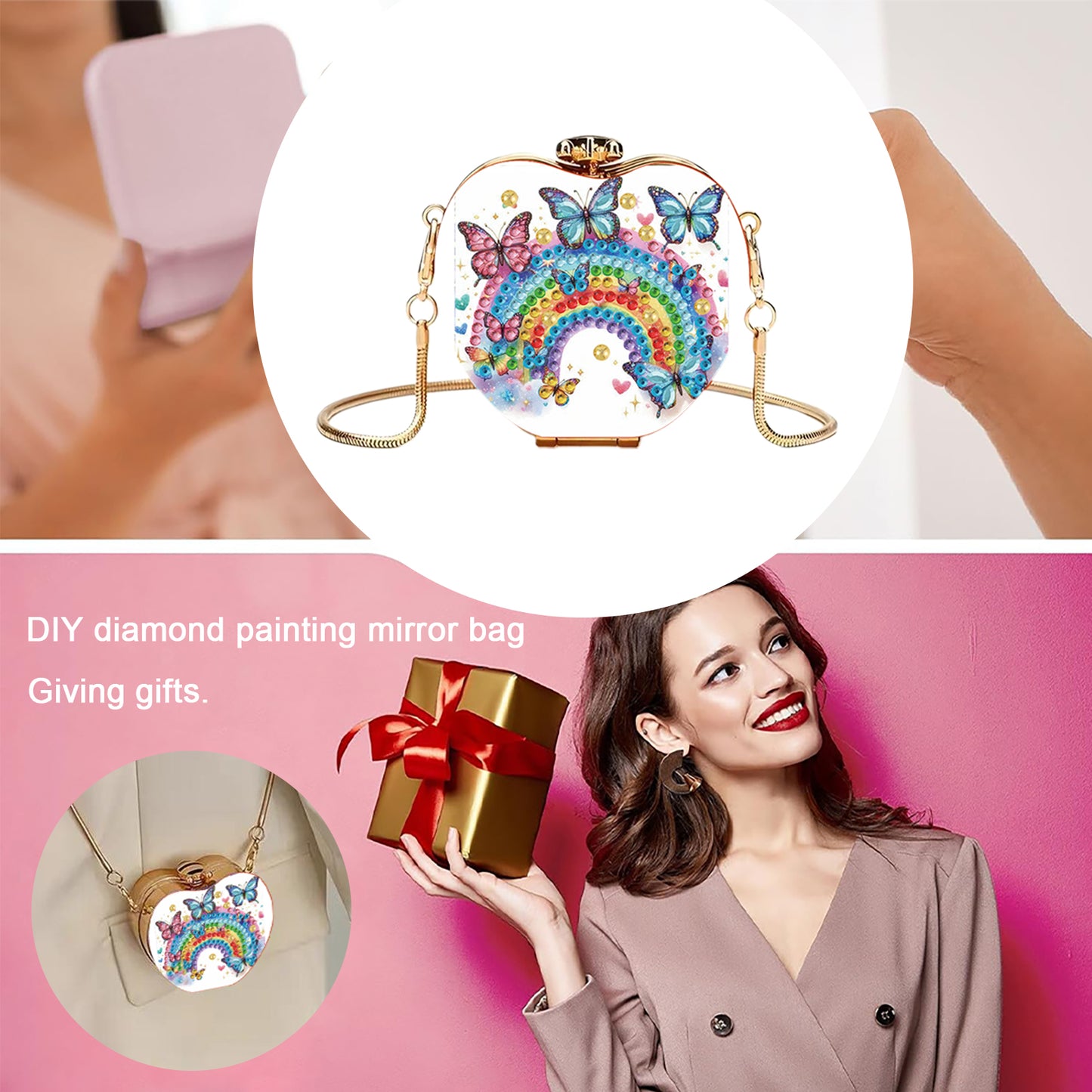 Rainbow DIY Acrylic Love Art Diamond Painting Coin Purse with Chain for Women