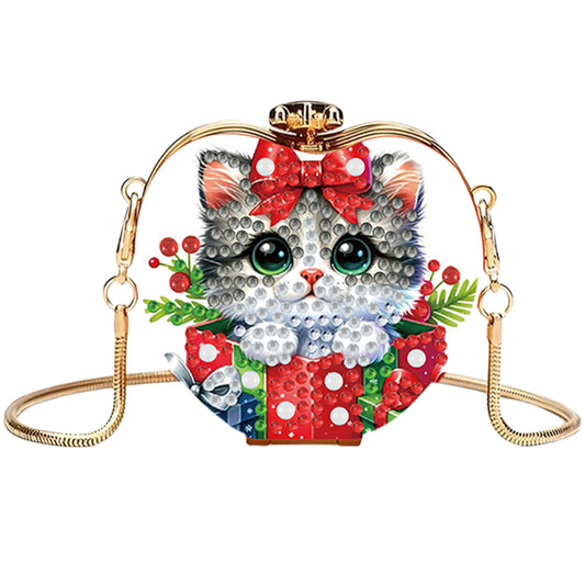 Xmas Cat DIY Acrylic Love Art Diamond Painting Coin Purse with Chain for Women