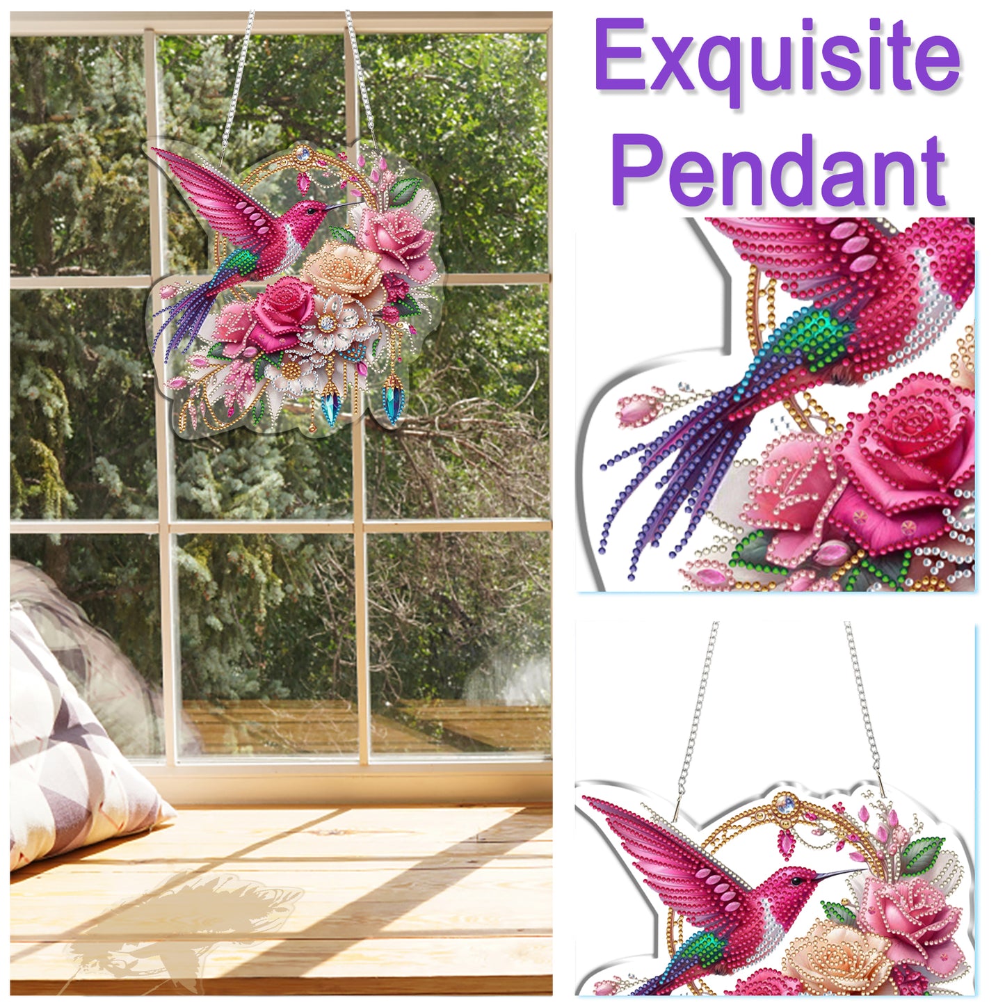 Hummingbird Flowers 2D Flat DIY Diamond Painting Kits Window Hanging Home Decor