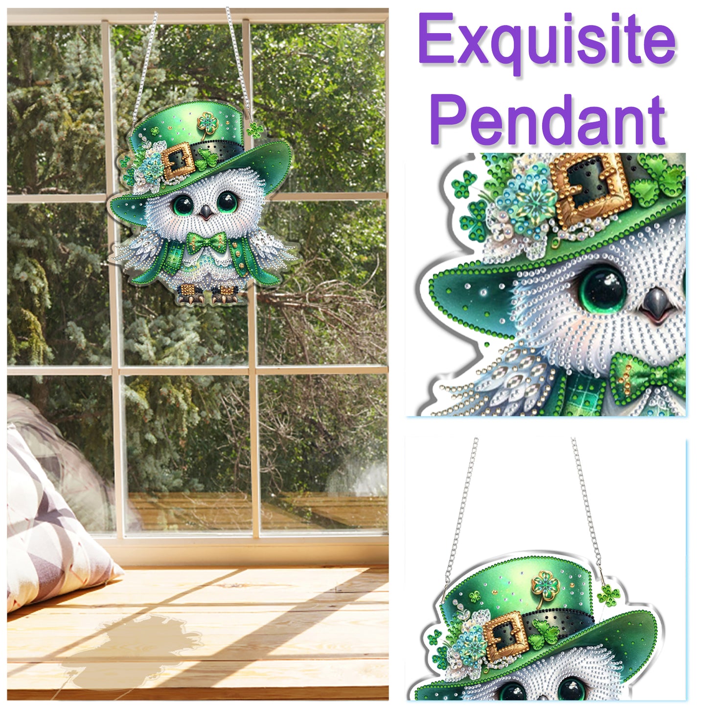Four-Leaf Clover Owl 2D Flat DIY Diamond Painting Kits Window Hanging Home Decor