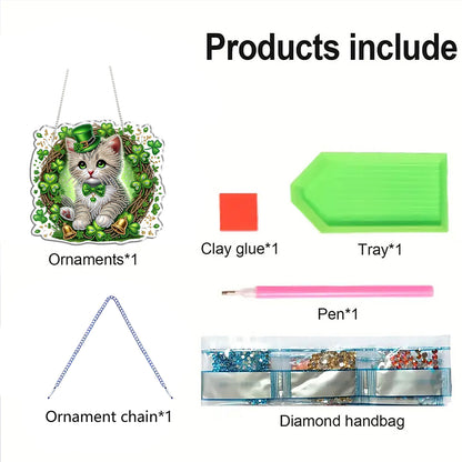 Four-Leaf Clover Cat 2D Flat DIY Diamond Painting Kits Window Hanging Home Decor