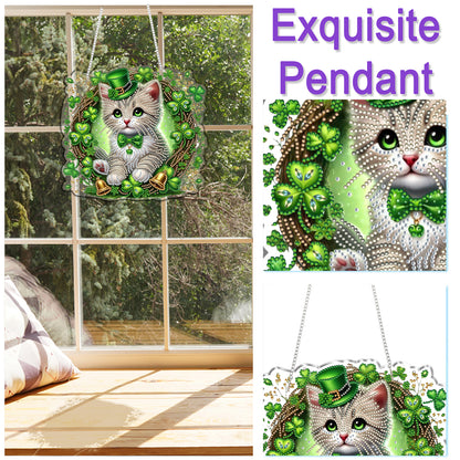 Four-Leaf Clover Cat 2D Flat DIY Diamond Painting Kits Window Hanging Home Decor