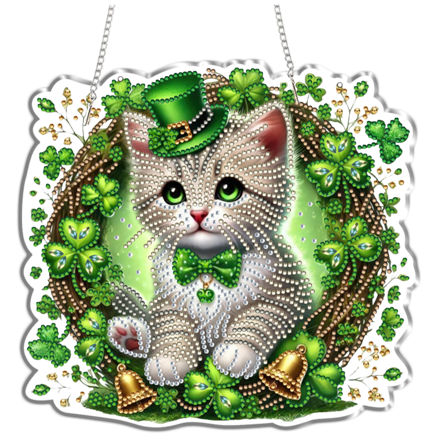 Four-Leaf Clover Cat 2D Flat DIY Diamond Painting Kits Window Hanging Home Decor