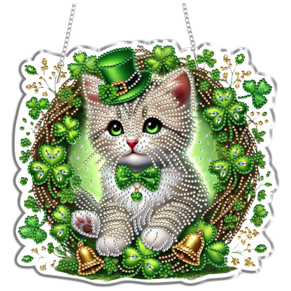 Four-Leaf Clover Cat 2D Flat DIY Diamond Painting Kits Window Hanging Home Decor