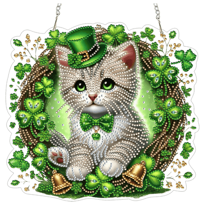 Four-Leaf Clover Cat 2D Flat DIY Diamond Painting Kits Window Hanging Home Decor
