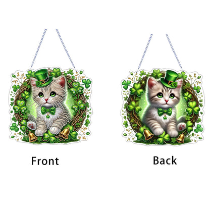 Four-Leaf Clover Cat 2D Flat DIY Diamond Painting Kits Window Hanging Home Decor