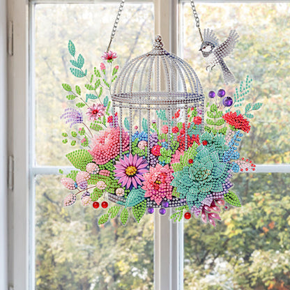 Birdcage Flowers 2D Flat DIY Acrylic Diamond Painting Kits Window Hanging