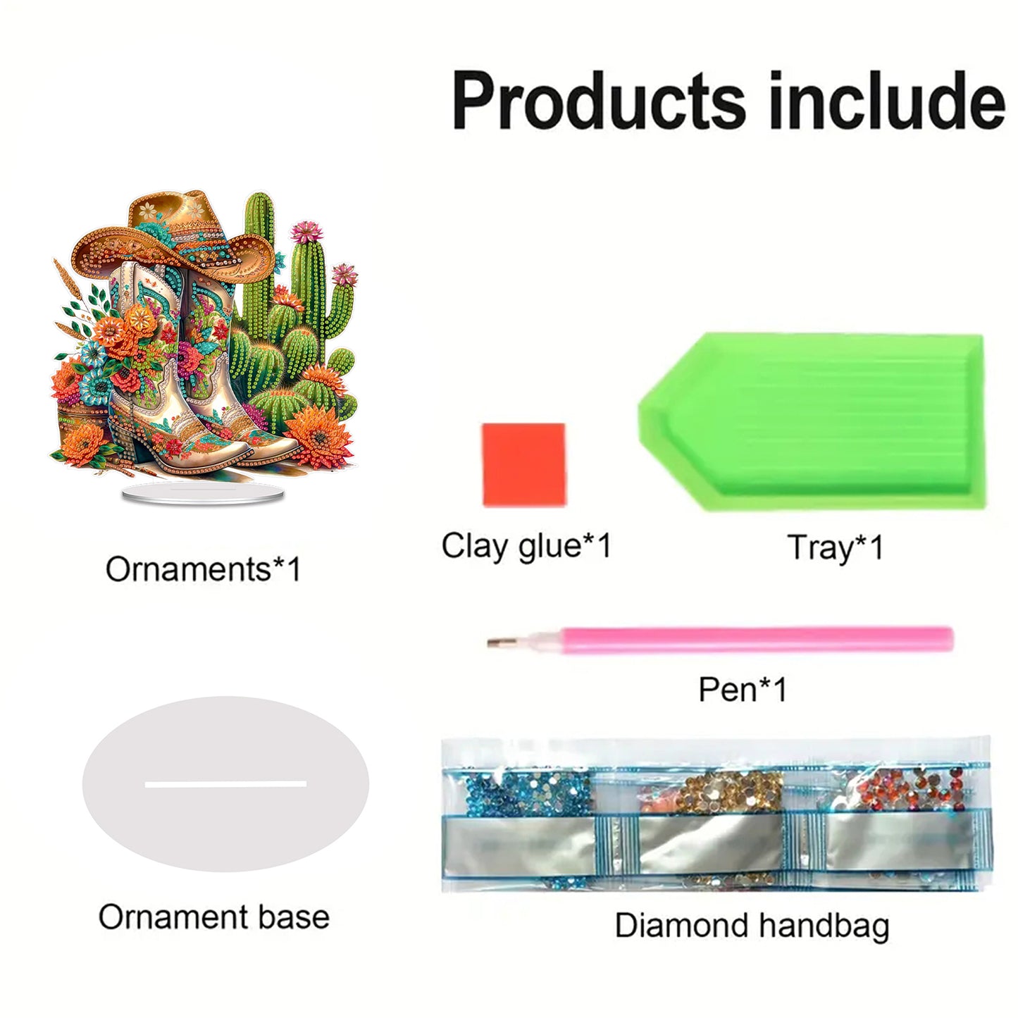 Acrylic 2D Flat Cowboy Boots Cacti DIY Table Top Diamond Painting Ornament Kits