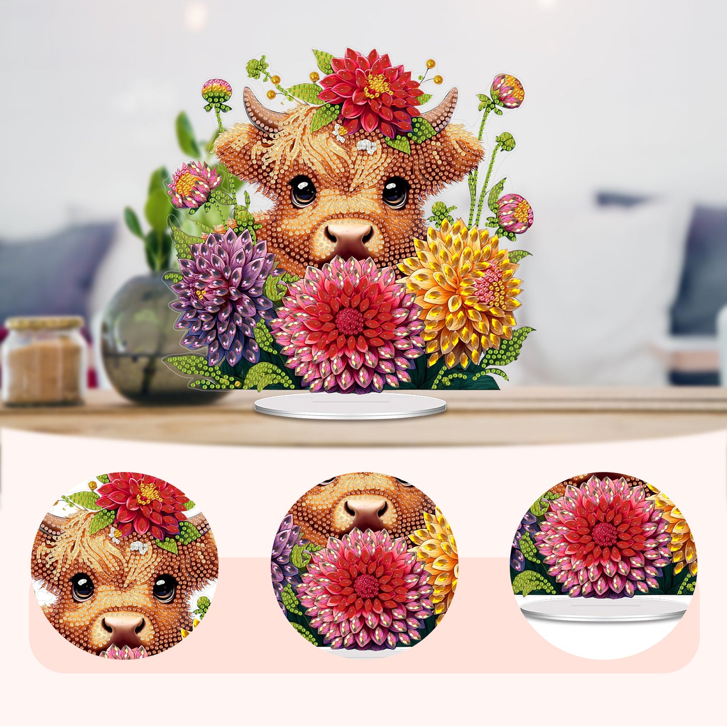 Acrylic 2D Flat cow and Flower DIY Table Top Diamond Painting Ornament Kits