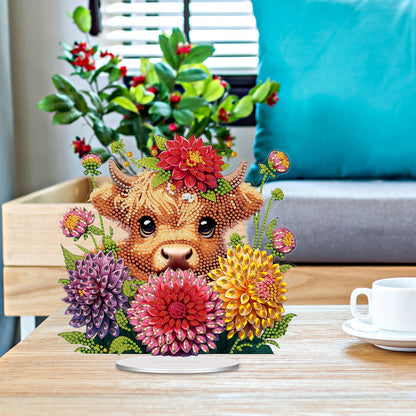 Acrylic 2D Flat cow and Flower DIY Table Top Diamond Painting Ornament Kits