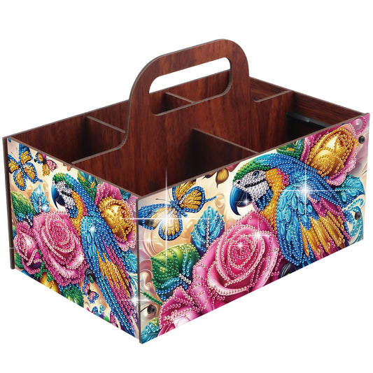 Parrot DIY Wooden Diamond Art Painting Storage Box with Handheld for Home Decor