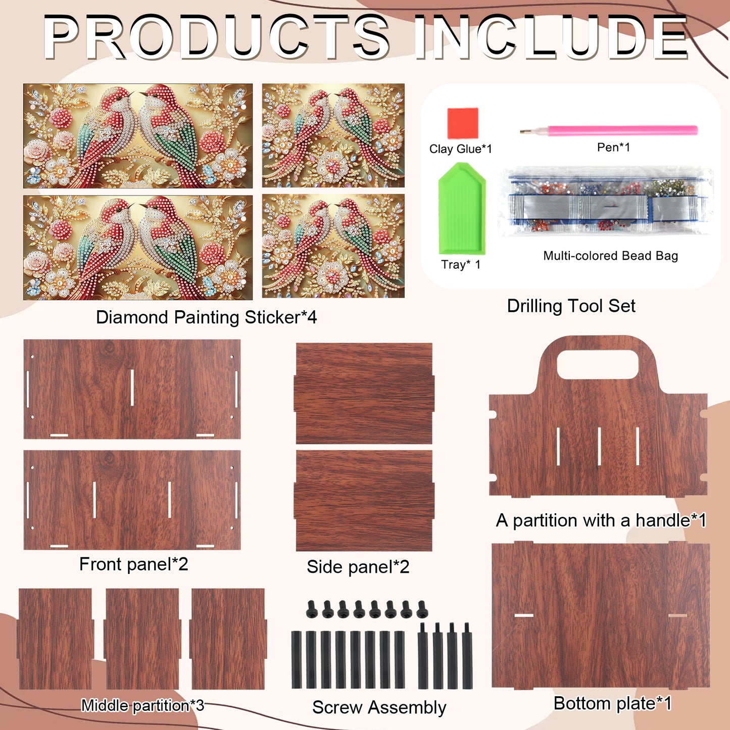 Birds DIY Wooden Diamond Art Painting Storage Box with Handheld for Home Decor