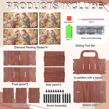 Birds DIY Wooden Diamond Art Painting Storage Box with Handheld for Home Decor
