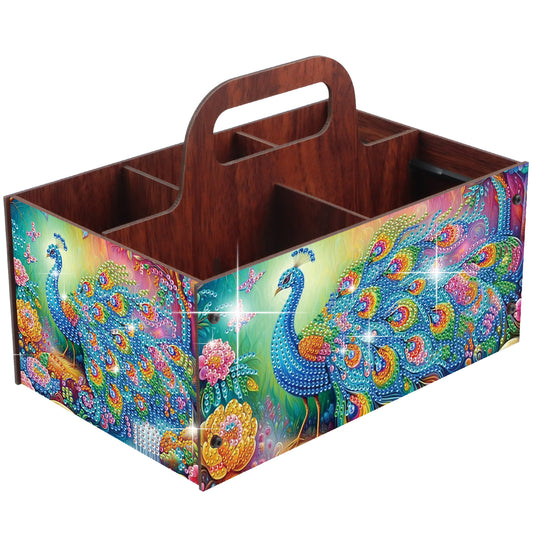 Peacock DIY Wooden Diamond Art Painting Storage Box with Handheld for Home Decor