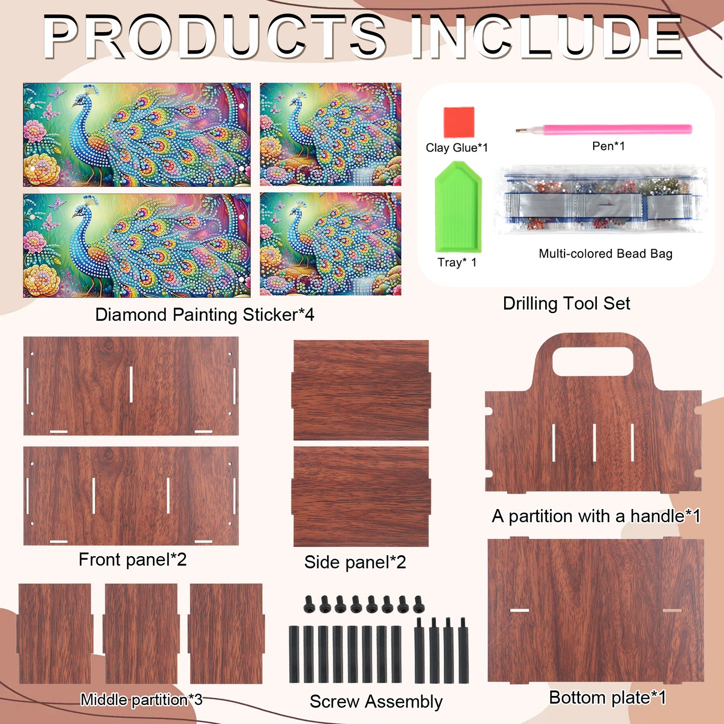 Peacock DIY Wooden Diamond Art Painting Storage Box with Handheld for Home Decor