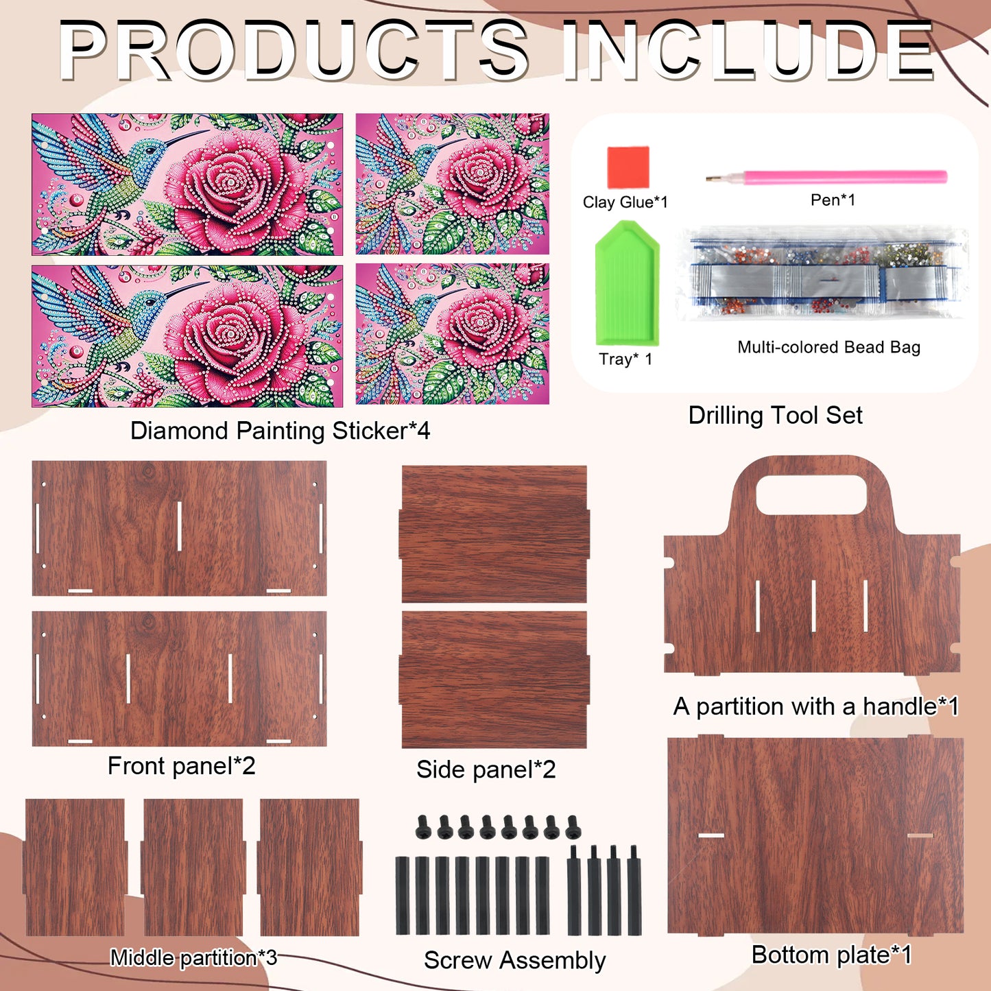 Rose DIY Wooden Diamond Art Painting Storage Box with Handheld Home Decor