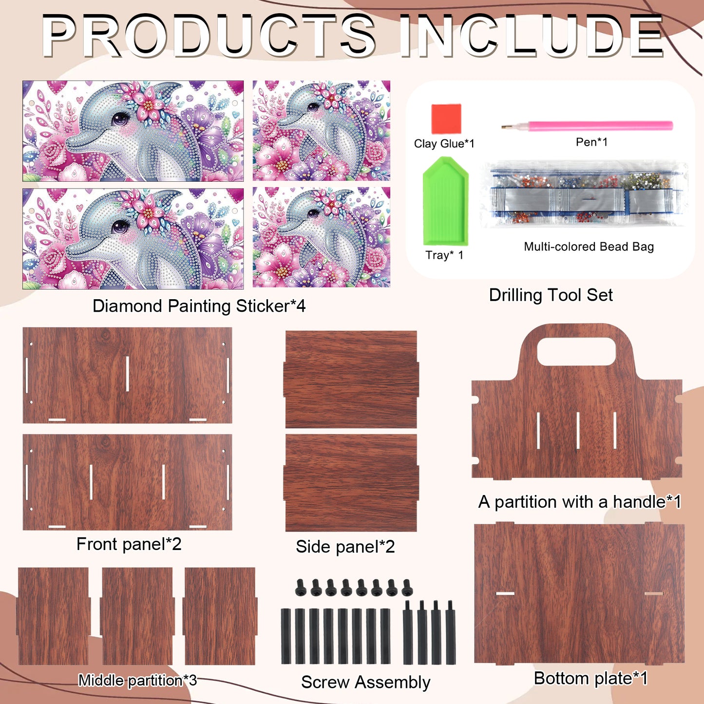 Dolphin DIY Wooden Diamond Art Painting Storage Box with Handheld Home Decor