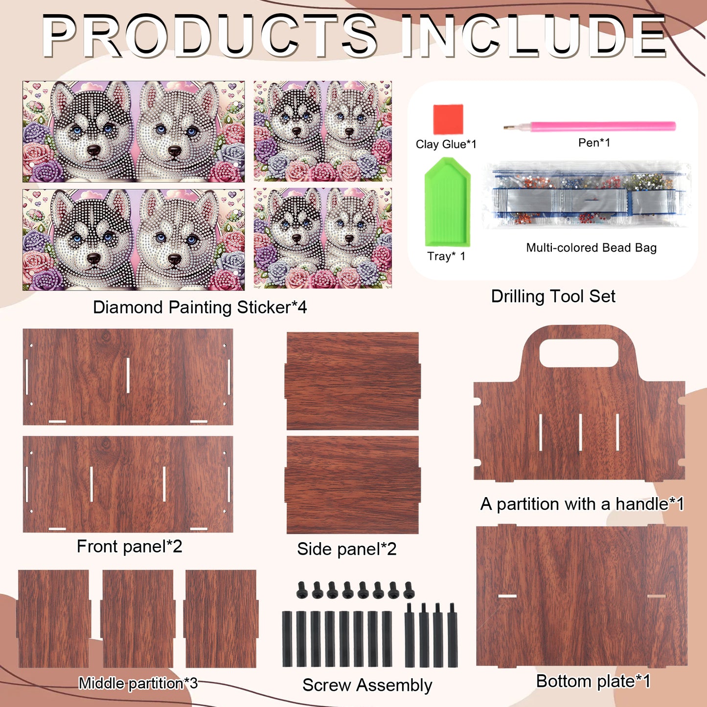 Puppy DIY Wooden Diamond Art Painting Storage Box with Handheld Home Decor