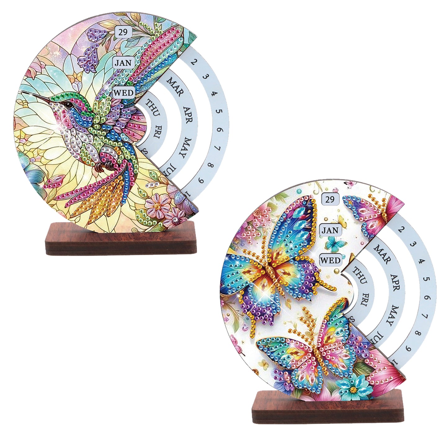 2pcs Butterfly Hummingbir Diamond Art Wooden Round Rotatable Calendar for Home