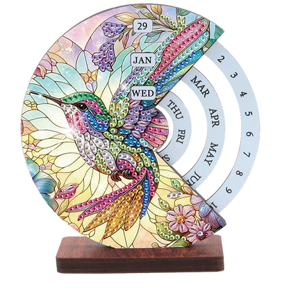2pcs Butterfly Hummingbir Diamond Art Wooden Round Rotatable Calendar for Home
