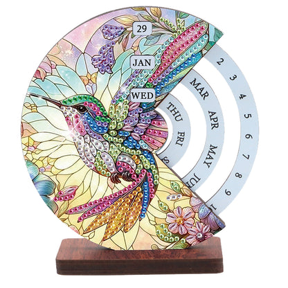 2pcs Butterfly Hummingbir Diamond Art Wooden Round Rotatable Calendar for Home