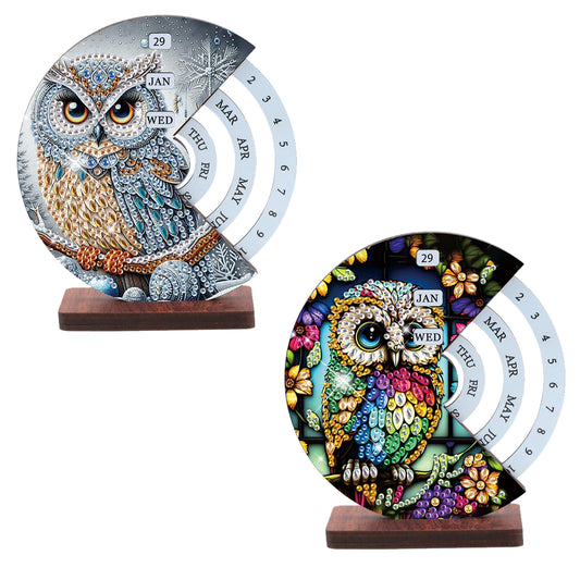 2pcs Owl DIY Diamond Art Wooden Round Rotatable Calendar for Home Office Desk
