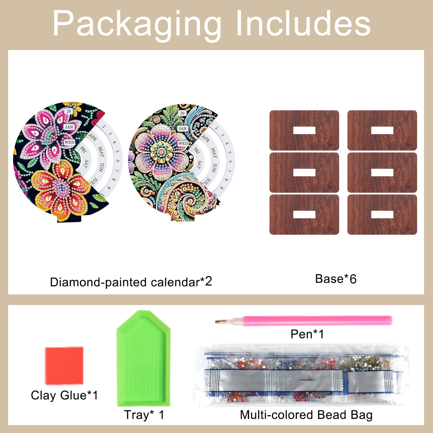 2pcs Flower Datura DIY Diamond Art Wooden Round Rotatable Calendar for Home Desk