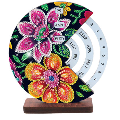 2pcs Flower Datura DIY Diamond Art Wooden Round Rotatable Calendar for Home Desk