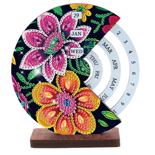 2pcs Flower Datura DIY Diamond Art Wooden Round Rotatable Calendar for Home Desk