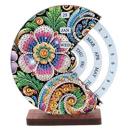 2pcs Flower Datura DIY Diamond Art Wooden Round Rotatable Calendar for Home Desk