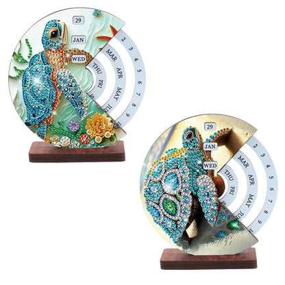 2pcs Sea Turtle DIY Diamond Art Wooden Round Rotatable Calendar for Home Office