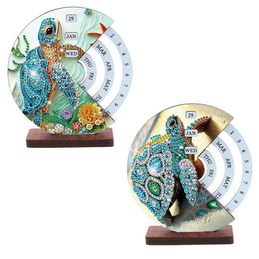 2pcs Sea Turtle DIY Diamond Art Wooden Round Rotatable Calendar for Home Office