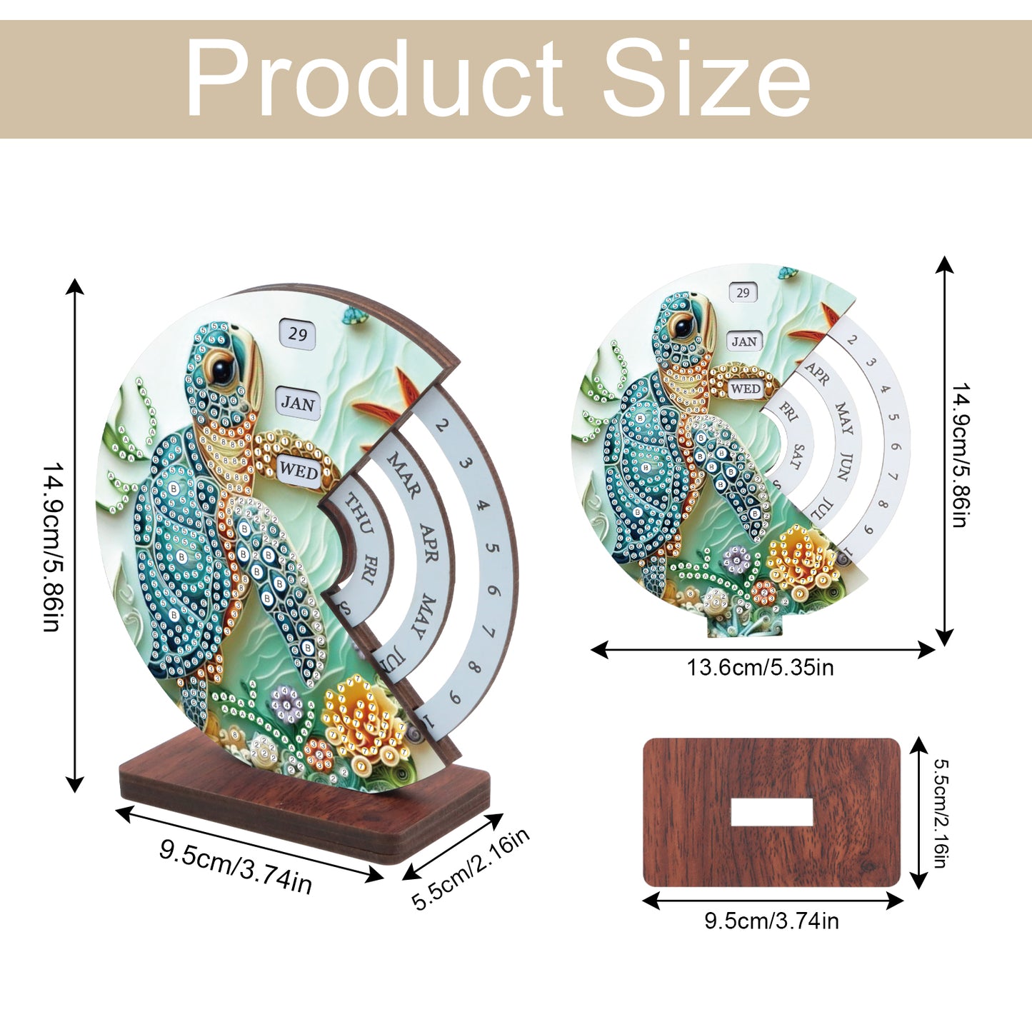 2pcs Sea Turtle DIY Diamond Art Wooden Round Rotatable Calendar for Home Office