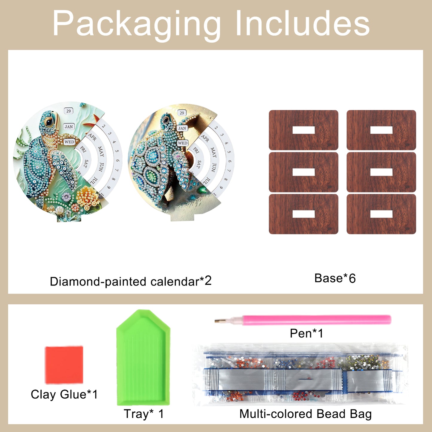 2pcs Sea Turtle DIY Diamond Art Wooden Round Rotatable Calendar for Home Office