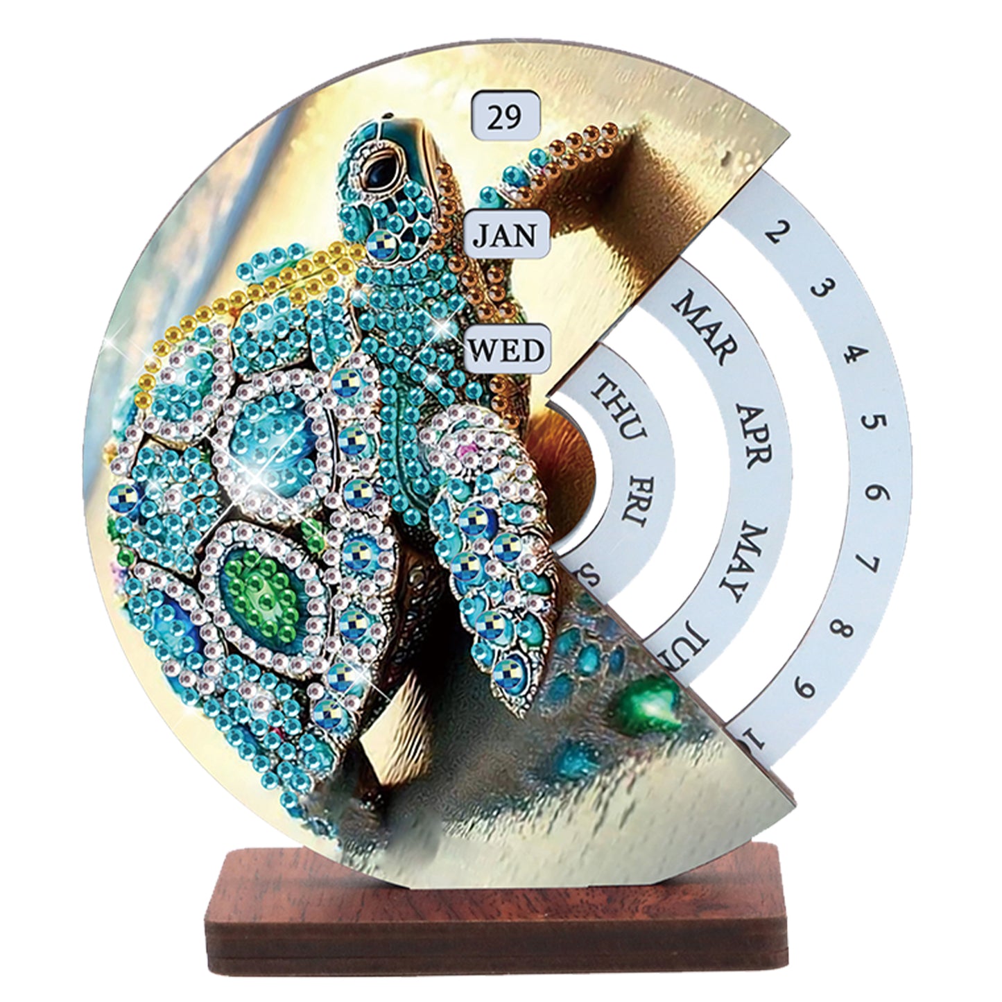 2pcs Sea Turtle DIY Diamond Art Wooden Round Rotatable Calendar for Home Office