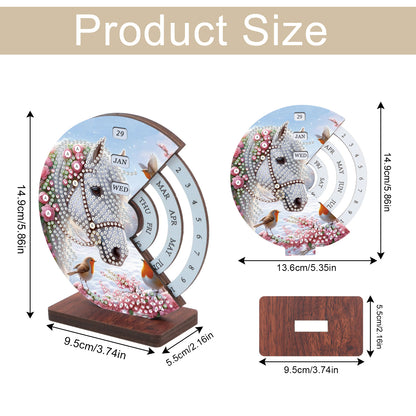 2pcs Fox White Horse DIY Diamond Art Wooden Round Rotatable Calendar for Home