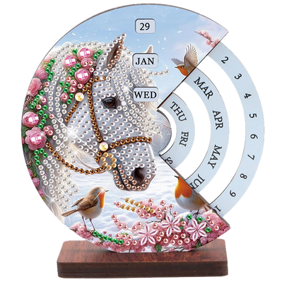 2pcs Fox White Horse DIY Diamond Art Wooden Round Rotatable Calendar for Home