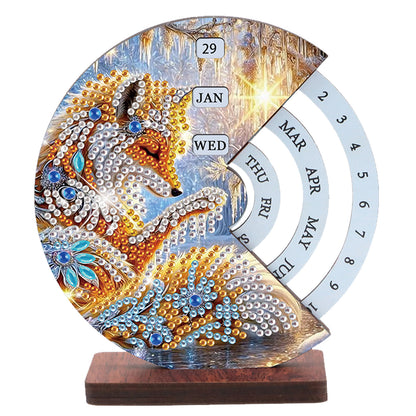 2pcs Fox White Horse DIY Diamond Art Wooden Round Rotatable Calendar for Home