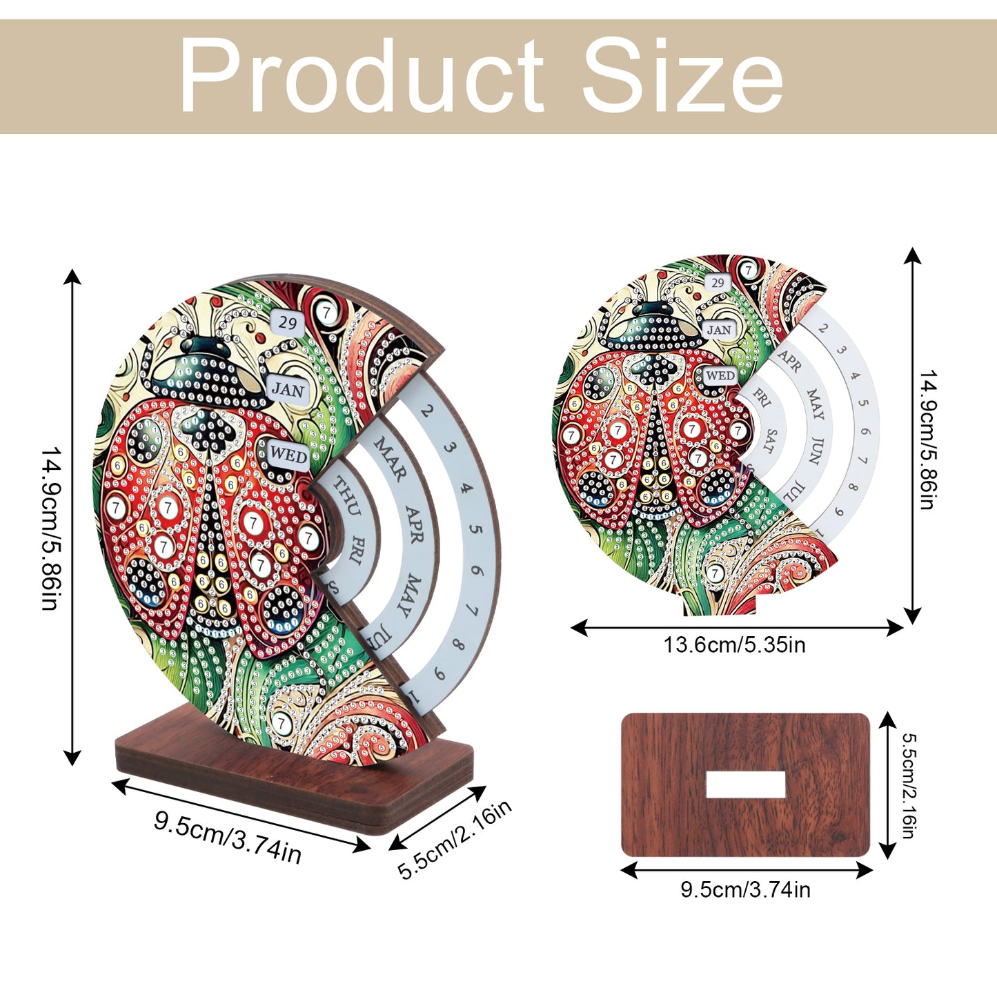 2pcs Ladybug DIY Diamond Art Wooden Round Rotatable Calendar for Home Office