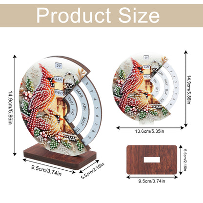 2pcs Cat Red Sparrow DIY Diamond Art Wooden Round Rotatable Calendar for Home
