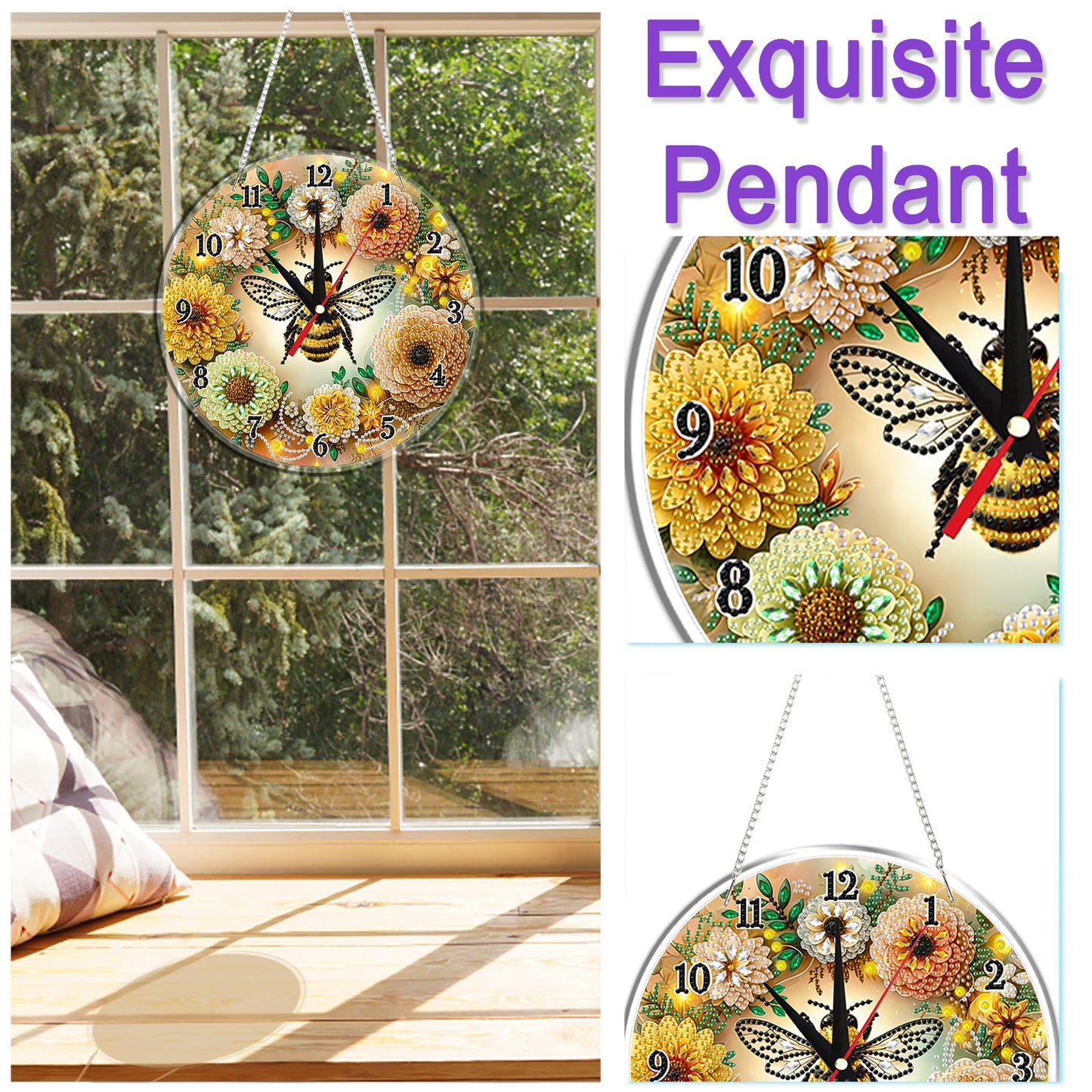 2D Flat DIY Bees Flowers Acrylic 5D Diamond Art Clock Kit for Home Decoration
