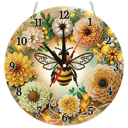 2D Flat DIY Bees Flowers Acrylic 5D Diamond Art Clock Kit for Home Decoration